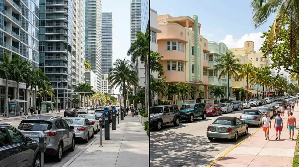Estacionamiento en Miami y Miami Beach: diferencias según la zona Comparación de calles con autos estacionados en zonas urbanas de Miami y Miami Beach