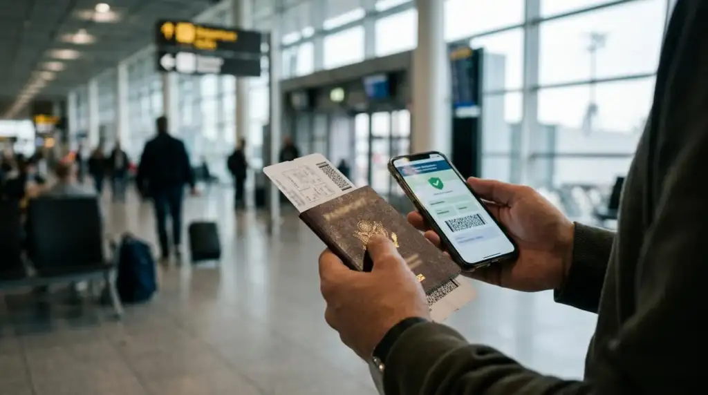 Formulario digital obligatorio antes de viajar a Estados Unidos Viajero sostiene su pasaporte y un formulario digital en el celular dentro de un aeropuerto
