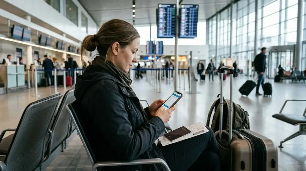 Formulario digital antes de viajar a Estados Unidos Viajera completa un formulario digital en el celular mientras espera su vuelo con pasaporte y equipaje