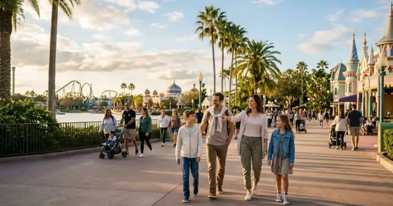 Familia recorre un parque temático de Orlando durante una tarde soleada