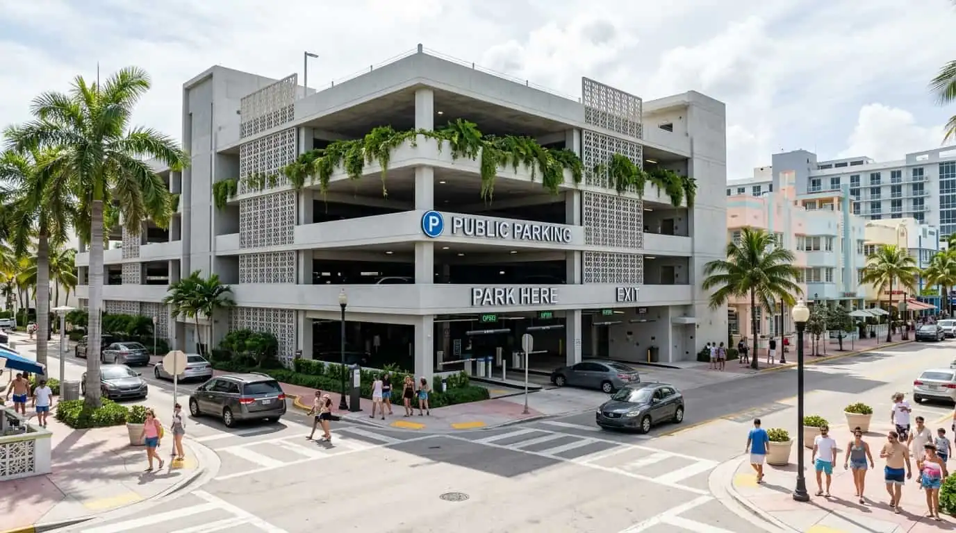 Estacionamientos públicos en Miami: garajes y opciones para turistas Garaje de estacionamiento público en una zona turística de Miami con autos y peatones