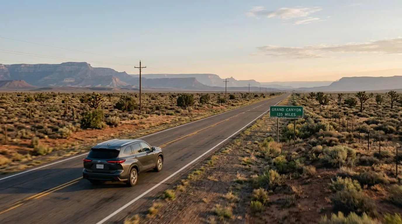 Cómo llegar al Gran Cañón desde Las Vegas en auto Auto en una carretera del desierto rumbo al Gran Cañón desde Las Vegas