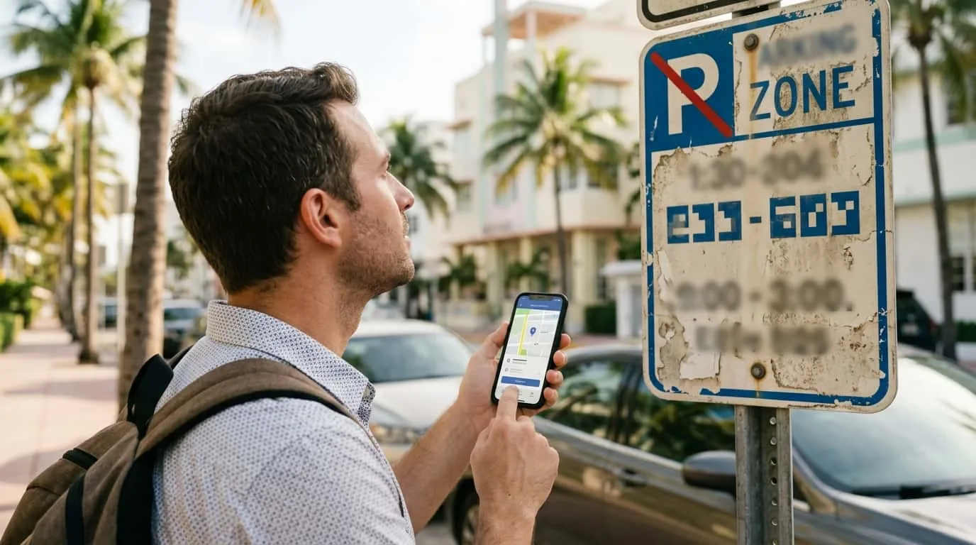 Cómo leer las señales de estacionamiento en Miami y Miami Beach Turista revisa una señal de estacionamiento y una app de parking en una calle de Miami Beach