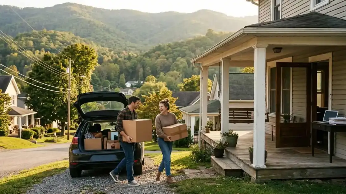 Pareja descarga cajas de un auto frente a una casa en una zona montañosa de Estados Unidos