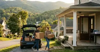 Pareja descarga cajas de un auto frente a una casa en una zona montañosa de Estados Unidos