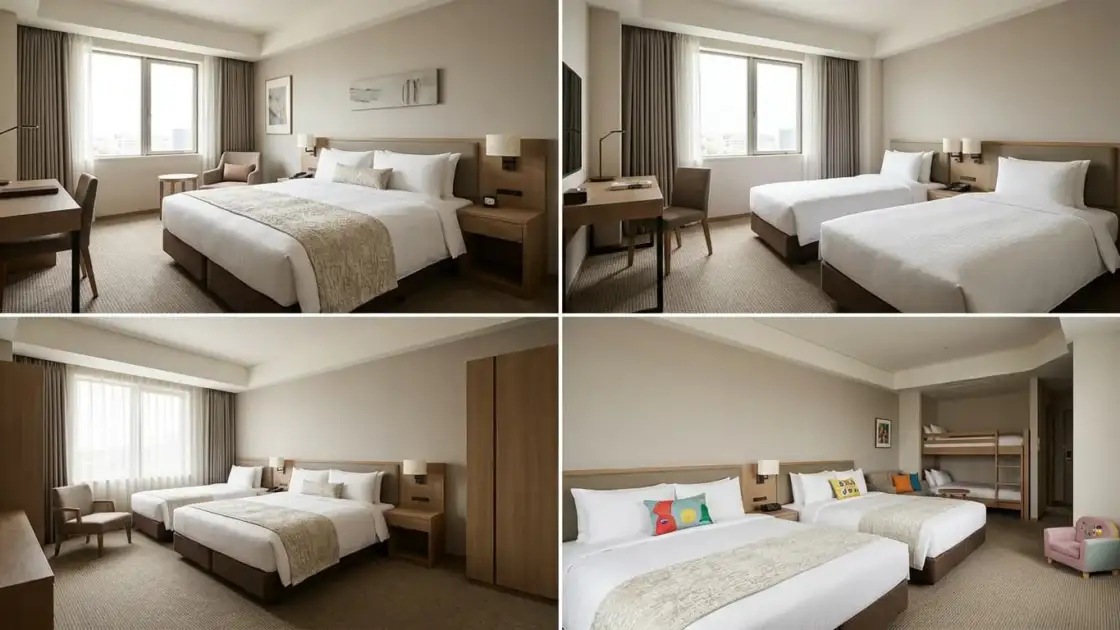 Comparación de habitaciones de hotel doble, twin, triple y familiar con distintas configuraciones de camas