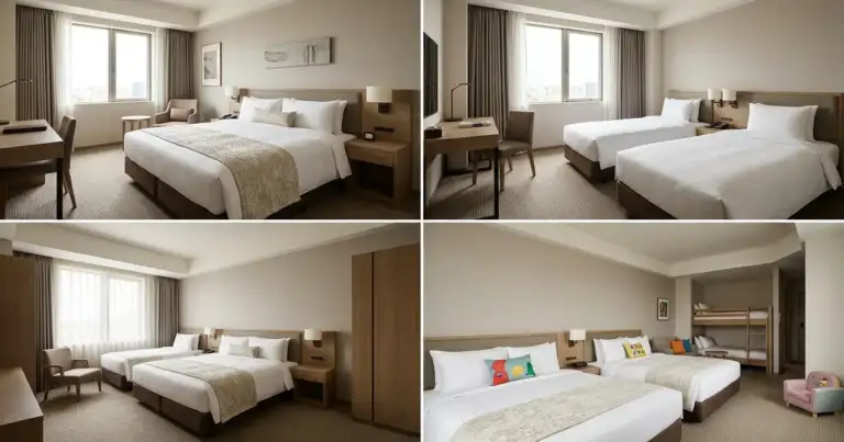 Comparación de habitaciones de hotel doble, twin, triple y familiar con distintas configuraciones de camas