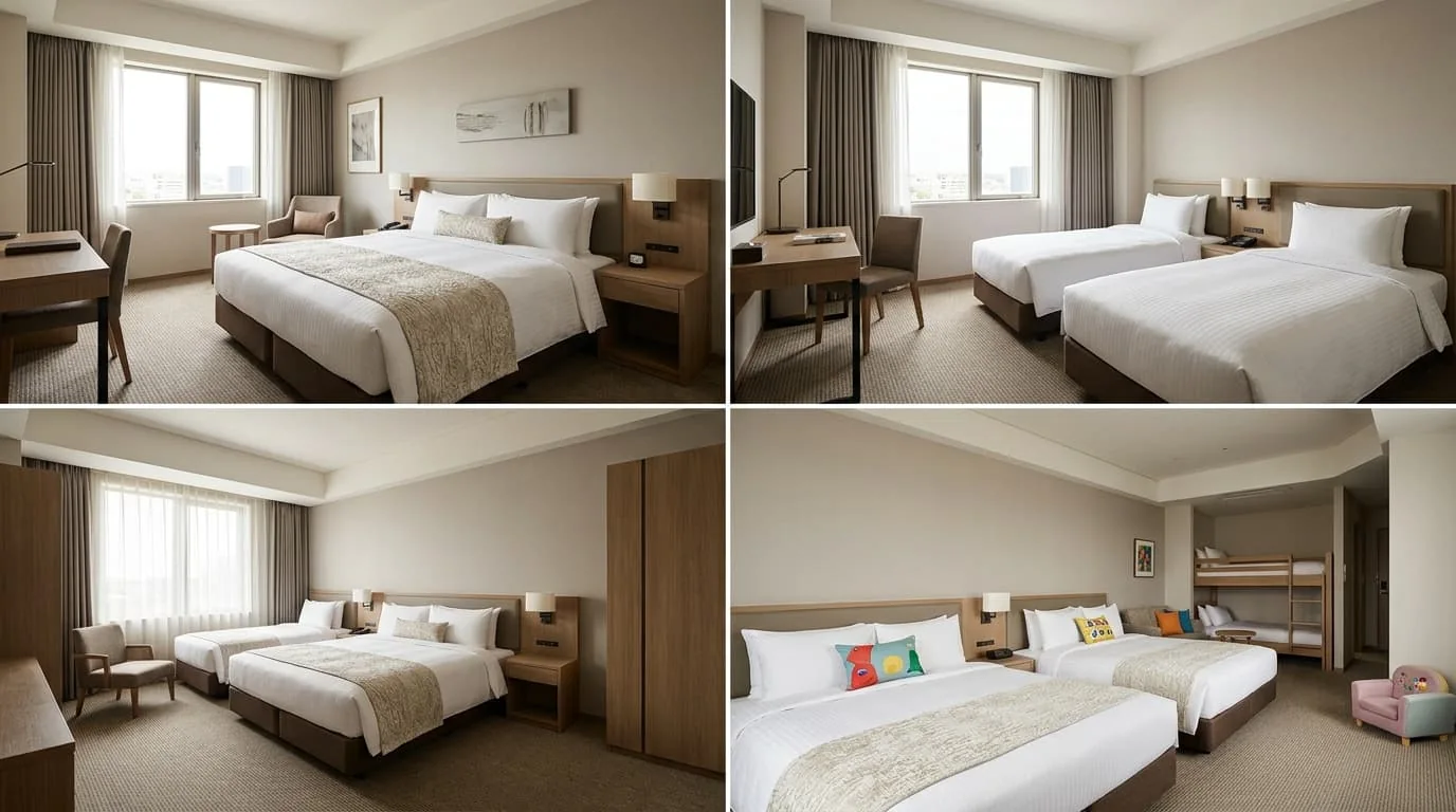 Comparación de habitaciones de hotel doble, twin, triple y familiar con distintas configuraciones de camas