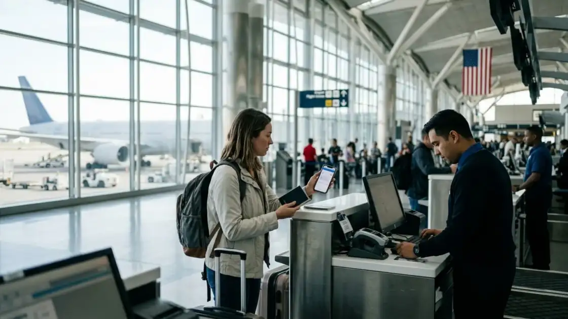 Viajera muestra un formulario digital y su pasaporte antes de volar a Estados Unidos