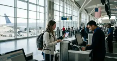 Viajera muestra un formulario digital y su pasaporte antes de volar a Estados Unidos