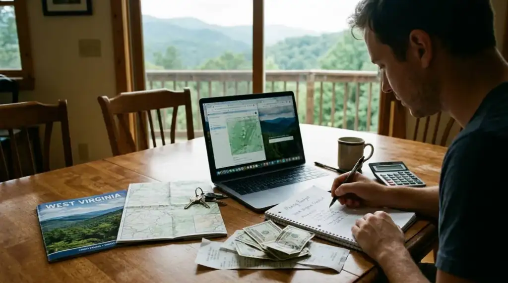 Cómo funciona el programa que paga hasta $12,000 por mudarse a West Virginia Persona calcula gastos de mudanza a West Virginia junto a un mapa, dinero y una computadora portátil